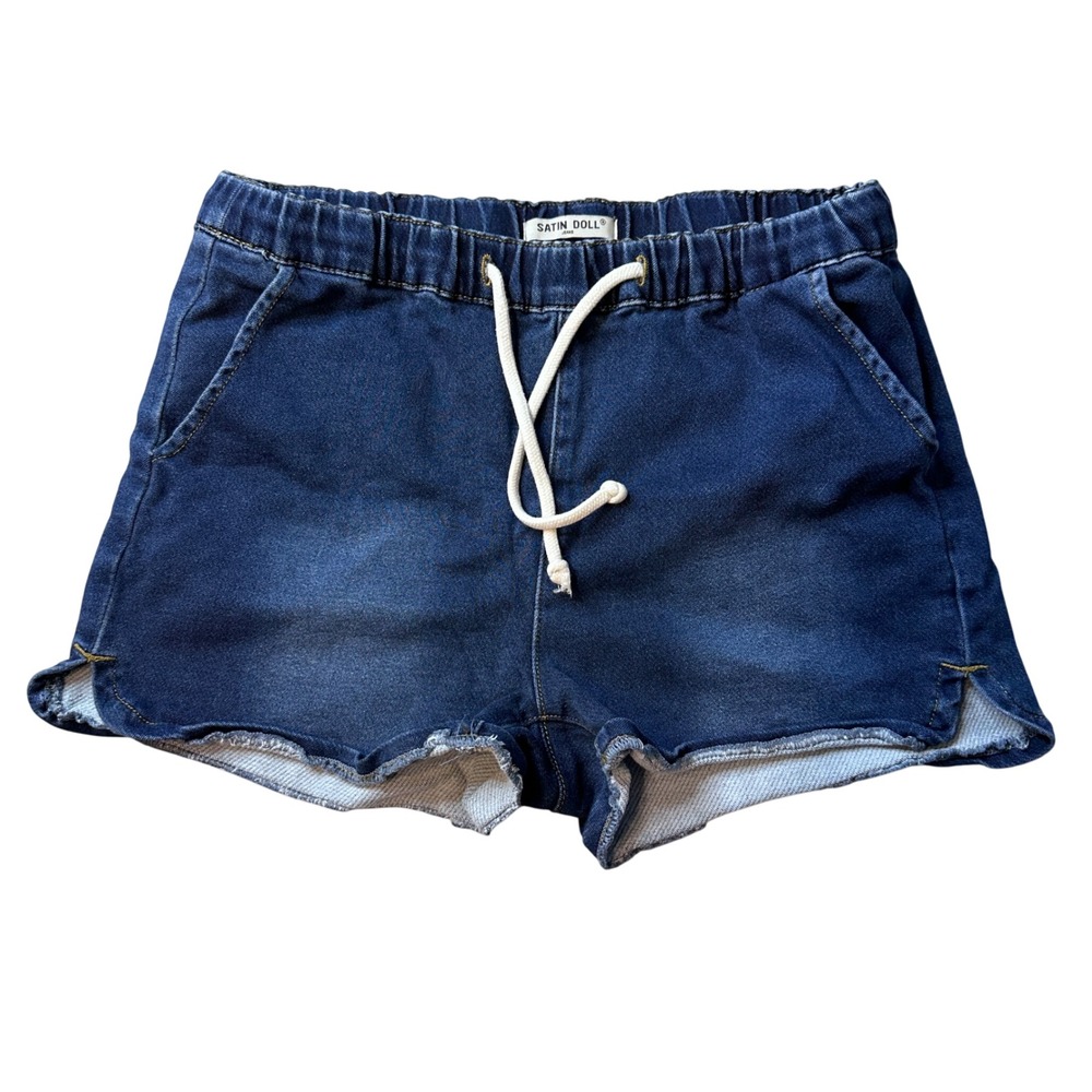 Satin Doll Shorts Womens 10 Blue Denim Elastic Waist Drawstring Raw Hem Casual